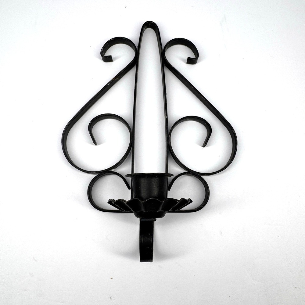 Vintage Black Wrought Iron Wall Sconce Candle Holder Scroll Design 9x6